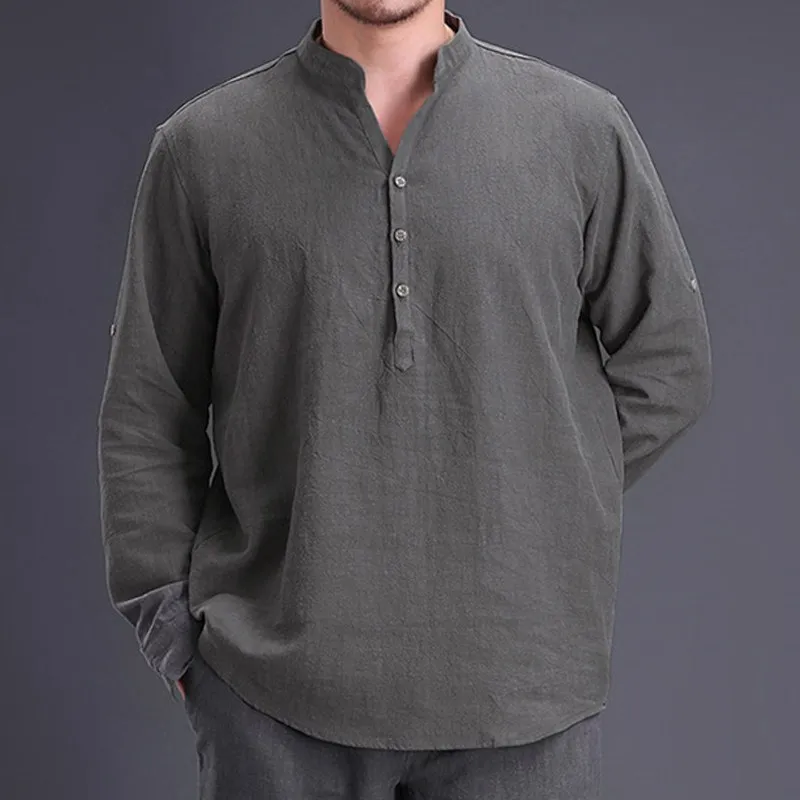 Achat Chinois Style Coton Lin Uni Chemise Hommes Manches Longues Henley Chemise Décontractée Vintage Rétro Vêtements Hombre 2018 Nouveau Printemps Automne