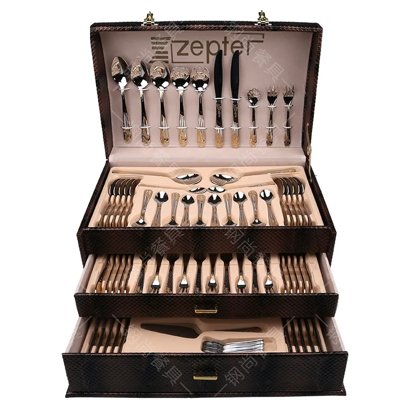 

86PCS Gift Box 18/10 Multifunctional Luxury Gold Inlay Stainless Steel Cutlery Set HomeTableware