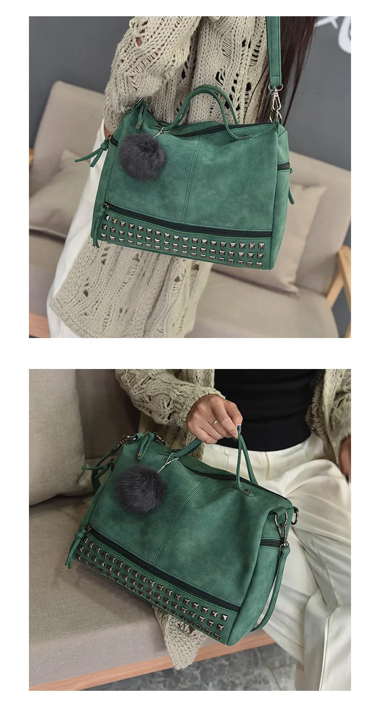 MJ Brand Design Women Handbag Fashion Suede Leather Top-Handle Bags Hair Ball Rivets Shoulder Bag Large Motorcycle Messenger Bag (6)