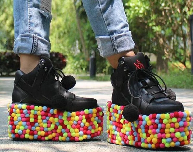 

2019 New Sale Platform Wedge Heels Woman Round Toe Lace-up Casual Shoes Hip-pop Street Style Colorful Pom Pom Shoes