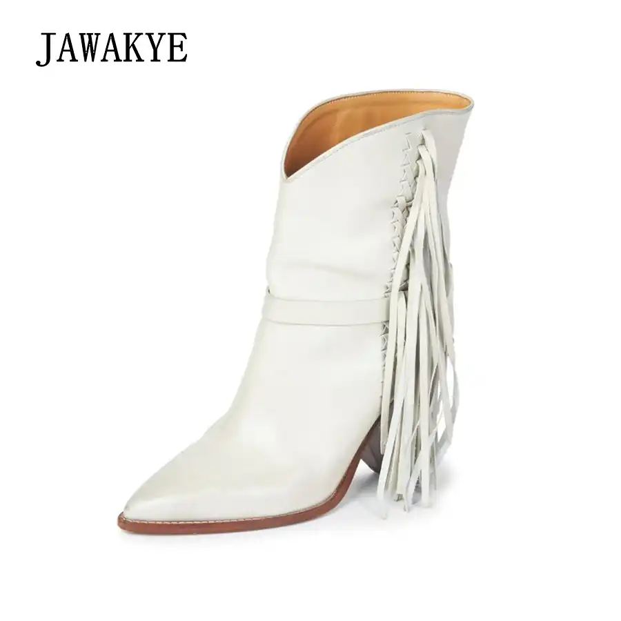 white fringe heels