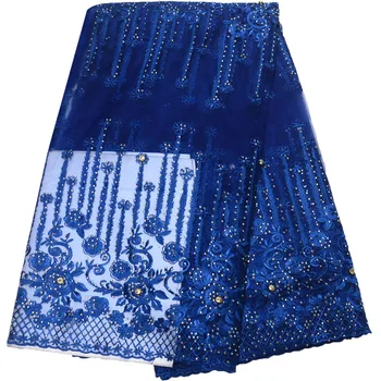 

French lace fabrics Blue tulle lace embroidery fabric with stones Latest style african lace 5yards HJ835-2