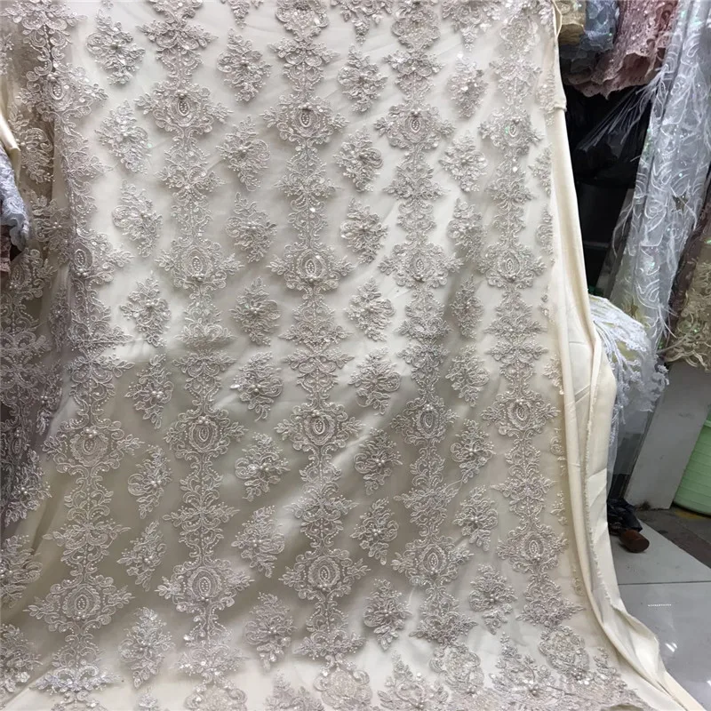

African Lace Fabric 2018 Embroidered Nigerian Beaded Laces Fabric High Quality French Tulle Lace Fabric For Women A1061-1