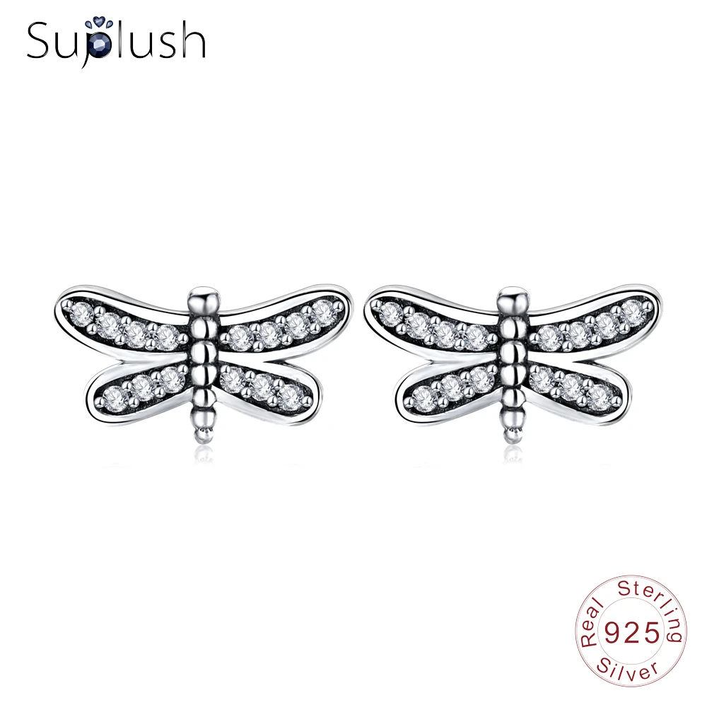 Suplush 925 серебро Стрекоза серьги гвоздики с прозрачным CZ Рождественский подарок