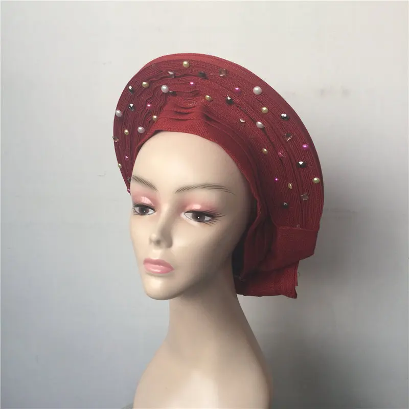 

African style new design auto aso oke with colorful beads already made aso oke gele cap nigerian style headtie gele