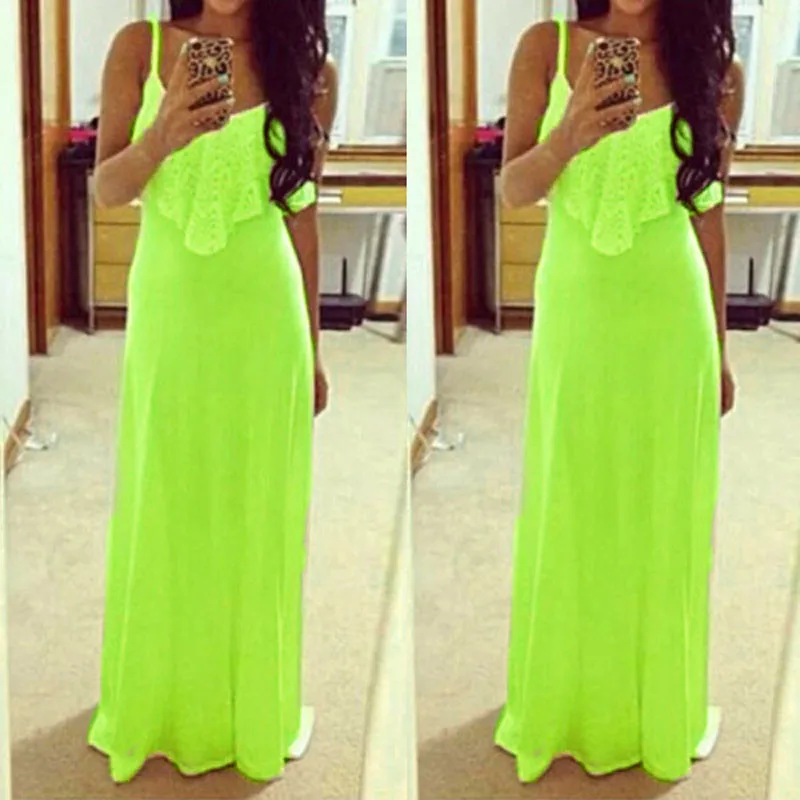 Women Casual Party Long Dress Lace Stitching Candy Neon