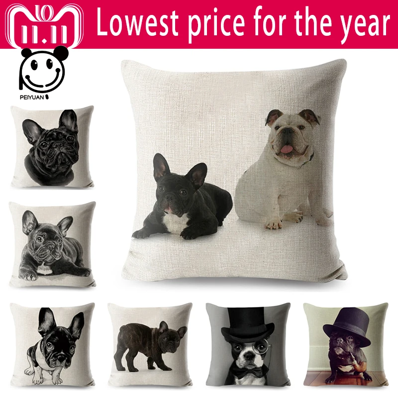 

French Bulldog Pillow Case Animals Linen Cotton 45*45 Square Dog Cushion Cover for Sofa Home Decorative Printed Throw Pillowcase