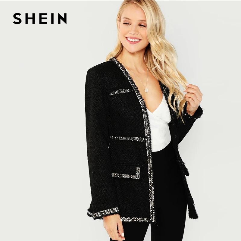 SHEIN الأسود أنيقة Highstreet فتح الجبهة المتوترة حافة الصلبة سترة أنيقة تحمل شعار لعبة البيسبول 2018 الخريف مكتب سيدة النساء معطف و قميص