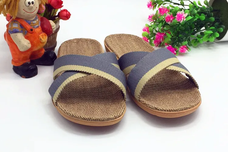 AoXunLong Men Summer Linen Weave Home Slippers Cloth Cross Men Indoor Floor Slides EU 40/45 Size Big House Non-Slip Hemp Slipper