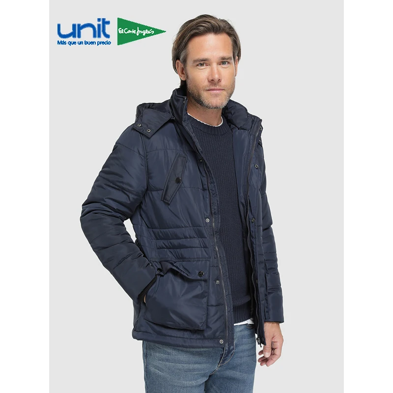 UNIT Parka with Hood Adjustable Waist Navy Blue Smooth Man Winter