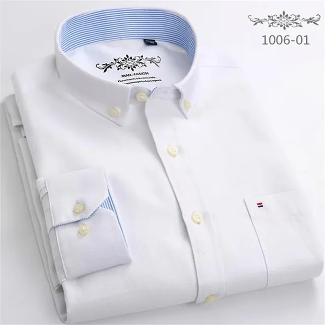 S- 6XL Oxford Shirts For Mens Long Sleeve Cotton Casual Dress Shirts Male Solid Plaid Chest Pocket Regular-Fit Man Social Shirt 1006-01