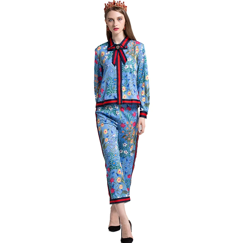 2018 Fashion Women Runway Plus Size 4XL 2 Pieces Pants Set Bow Blouse Ankle-Length Trousers Flower Printed Bohemian Tracksuits | Женская