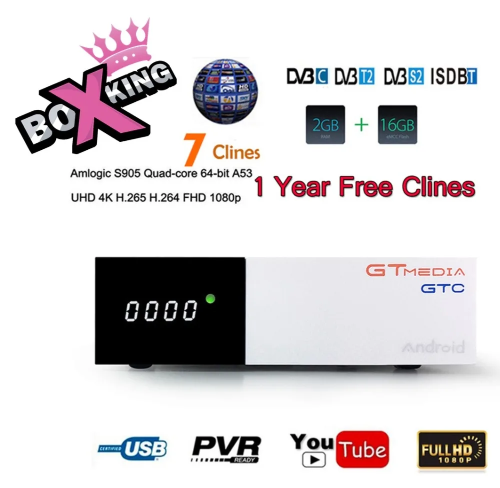 

GTMEDIA GTC Amlogic S905D Quad-Core DVB-T2 / S2 / C / ISDBT 2GB Ram 16GB Rom Support Netflix, Youtube with FREE 1 year 7 Clines