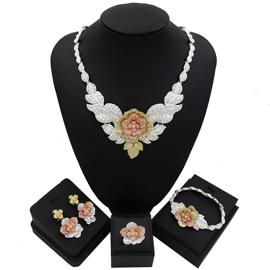 TSROUND украшения из Дубая кубического циркония три тона цветок Форма начальная ожерелье для женщин