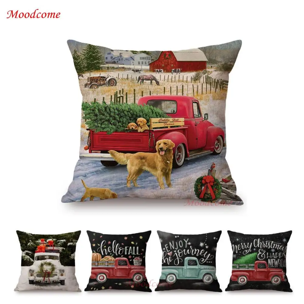 

Christmas Decoration Sofa Throw Pillow Case Christmas Truck With Gifts Xmas Tree Cotton Linen Home Decor Art Cushion Cover Case
