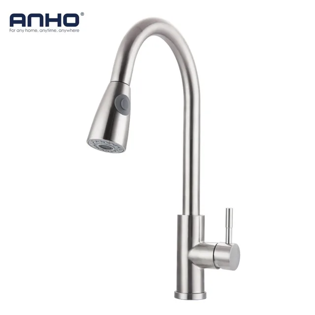 Special Price ANHO Kitchen Faucet Pull Out Cold and Hot Sink Faucet 304 Stainless Steel Water Mixer Tap Swivel 360 Degree Two Types Silver