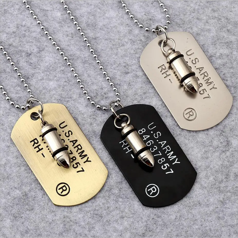 

2018 Hot sale Men Hiphop US Military Army Bullet Charm Dog Tags pendant necklaces fashion vintage male necklace jewelry gifts