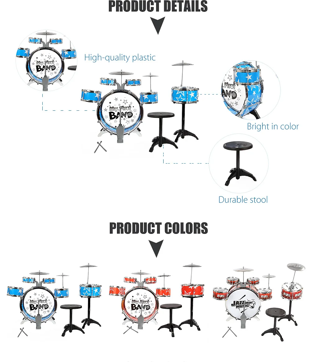 Детский набор барабанов, игрушка для музыкального инструмента, 6 барабанов с маленьким стулом, стул для барабанщика, рождественский подарок для мальчиков и девочек