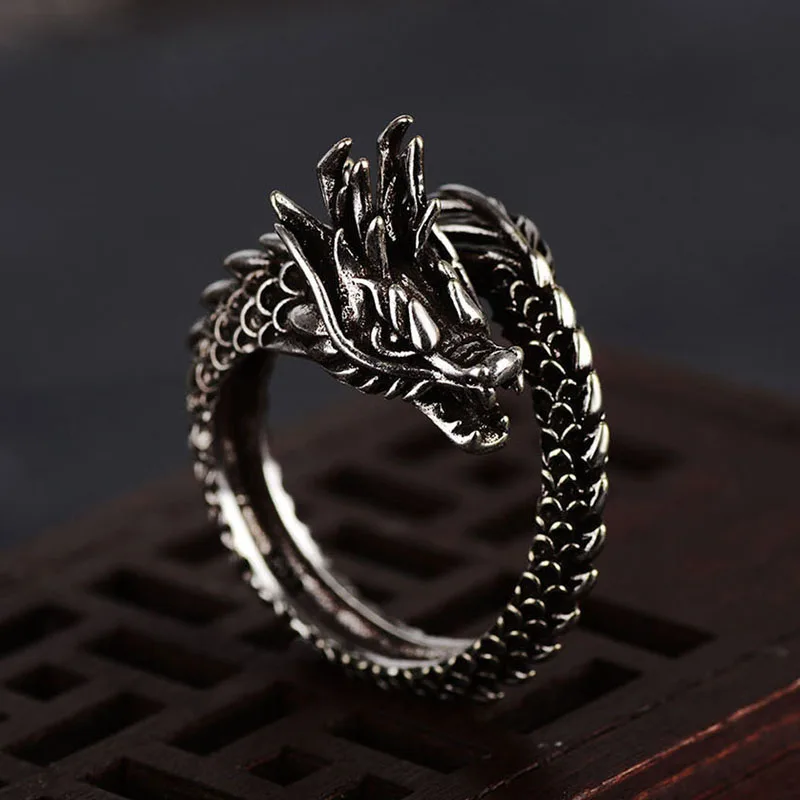 

2018 Retro Silver Color Open Rings For Men Chinese Dragon Design Personality Index Male Finger Rings Adjustable Open Ring Men G4