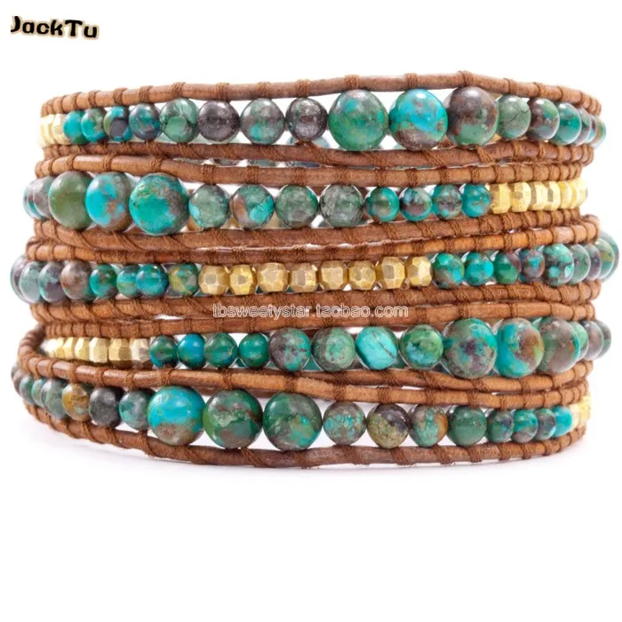 

3mm gold laser beads mix green africa stone leather bracelet for woman