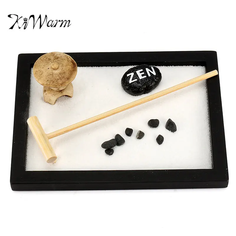 

KiWarm Mini Zen Garden Sand Kit Office Gift Decor Feng Shui Rocks Rake Pebble Sand Peace Tabletop Ornaments 15cm