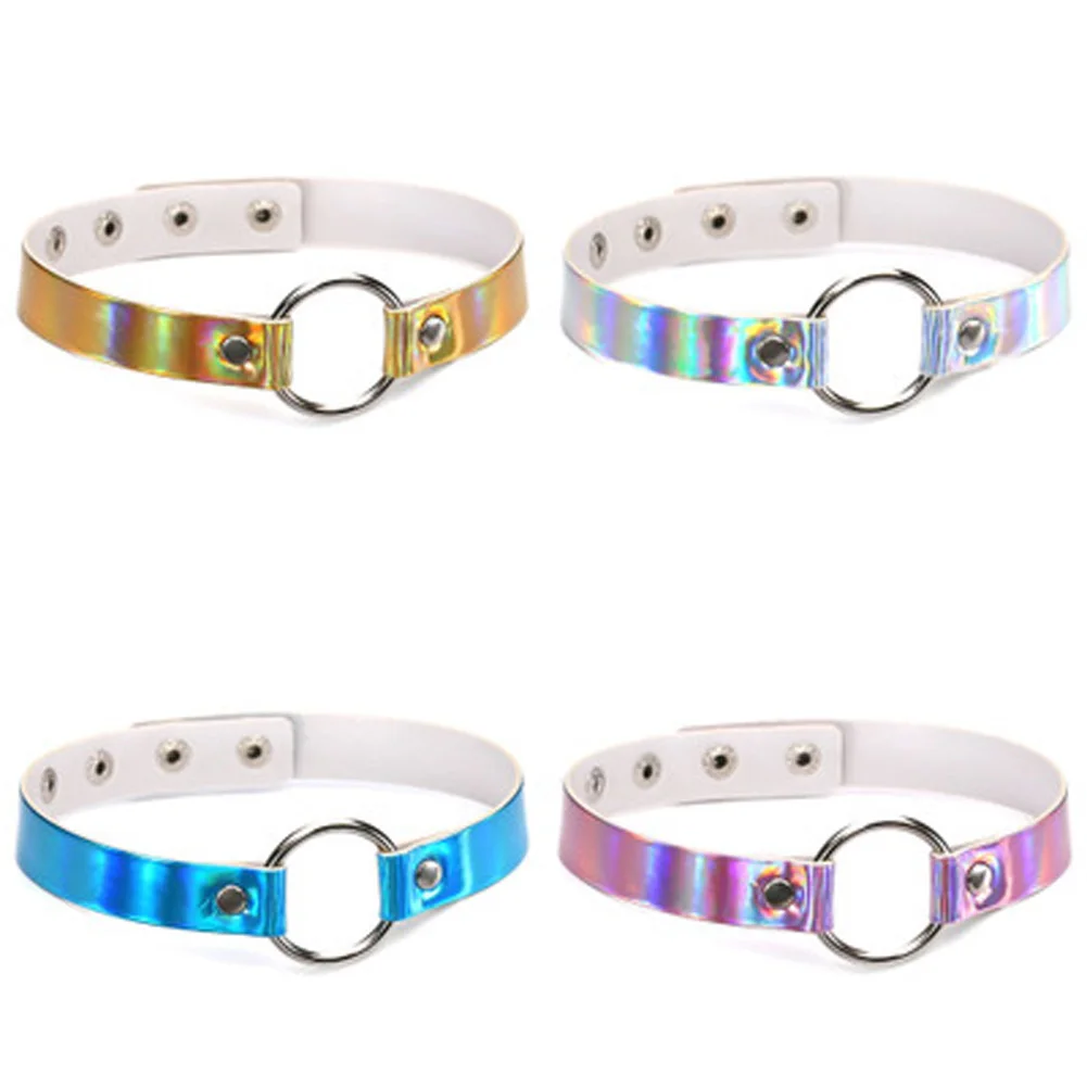 

Trendy Holographic Choker PU Leather Chocker Handmade Metal Laser Chocker Rainbow Punk Gothic Necklace Gift for Women