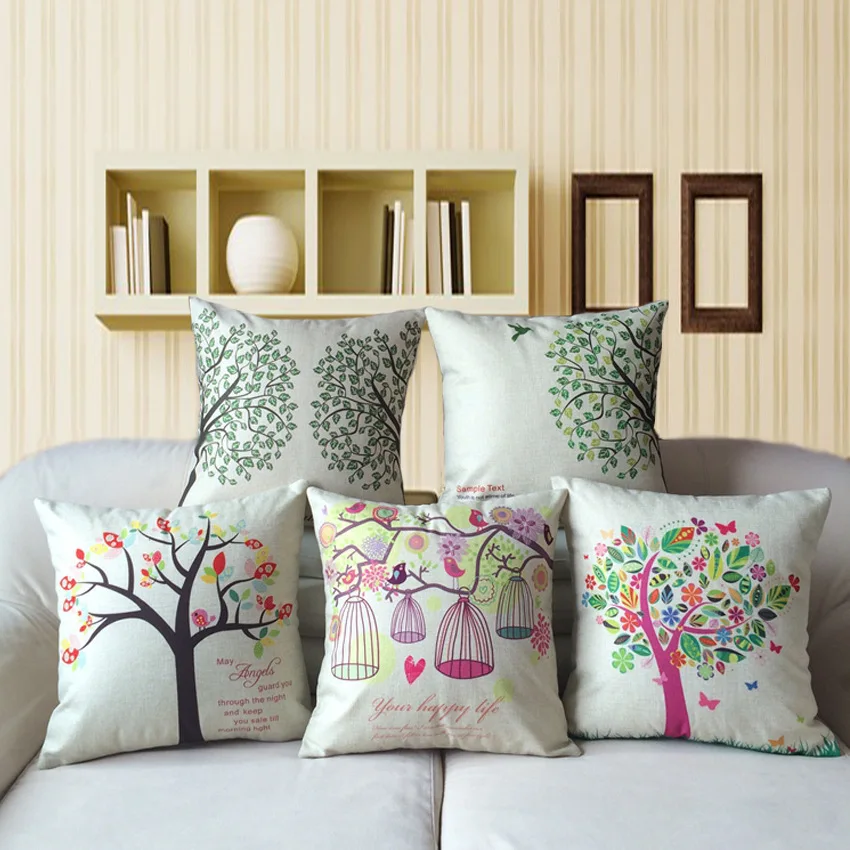 

NEW Home Decorative Pillow Case Cotton Linen Bright Colorful plants trees printed Pillowcase Home Textile Modern style 45x45cm
