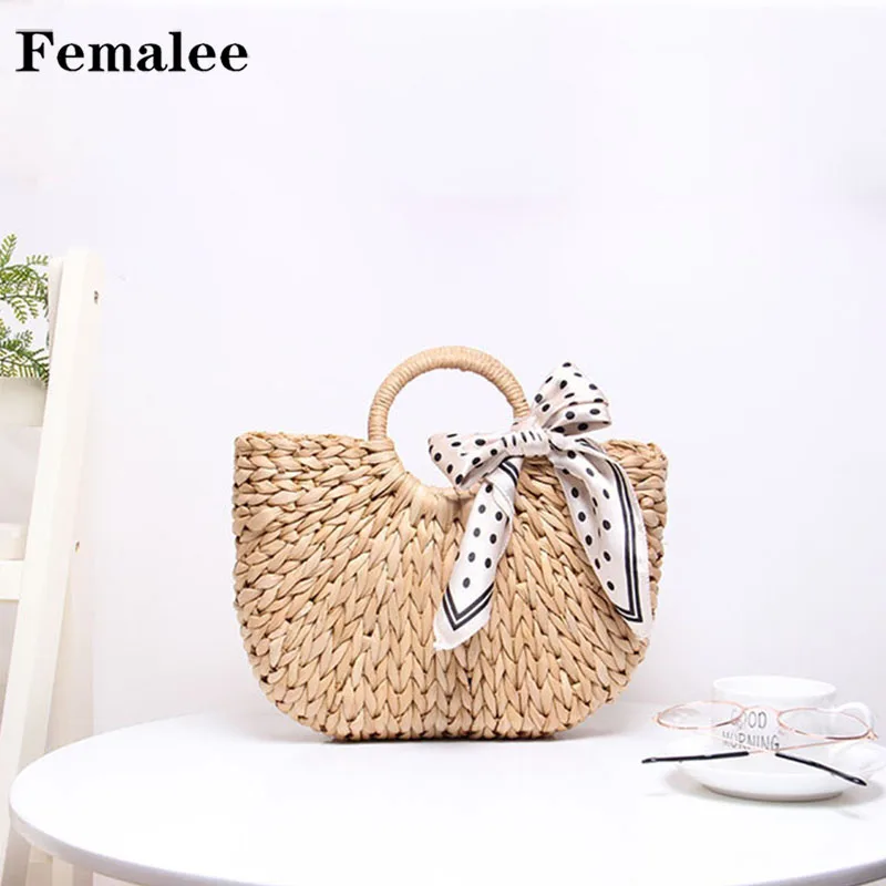 

FEMALEE New Fashion Polka Dot Ribbons Bow Rattan Totes Rural Women Straw Moon Handbag Round Top-Handle Corn Skin Braided Bags