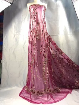 

French Bead Lace Fabric wine red 2018 Latest African Mesh Tulle Lace Fabric 5Y Nigerian Guipure Stone Lace Fabric High Quality