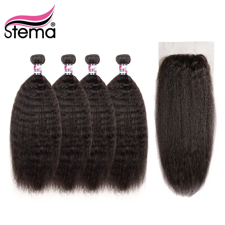 Stema волосы бразильские пучки волос Remy с закрытием кружева сделка кудрявые прямые