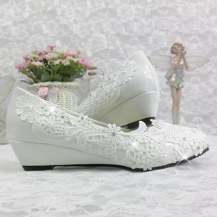 Blanc 3 Cm De Parti Applique Shoes Mariée Coins Mode Sorbern Wedges Main Talons Mariage Chaussures Dentelle Pompes dPqWB7