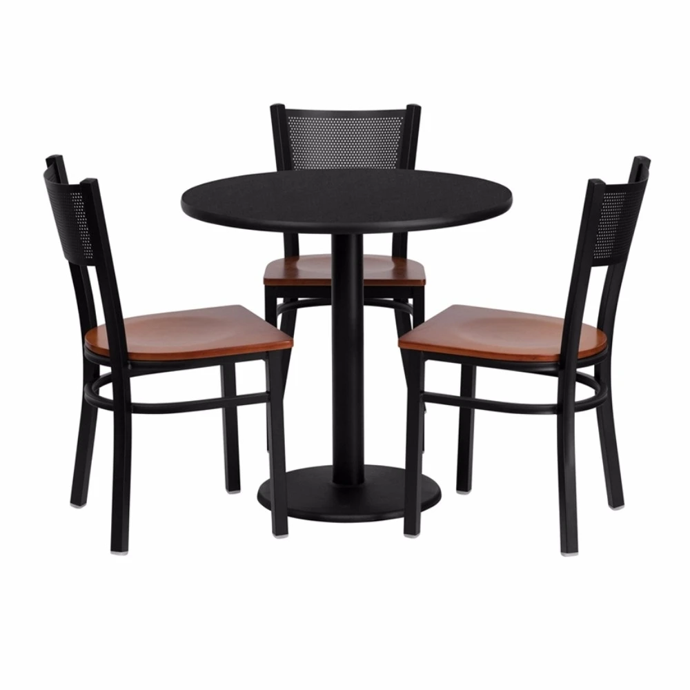 

Flash Furniture 30'' Round Black Laminate Table Set with Grid Back Metal Chair and Cherry Wood Seat