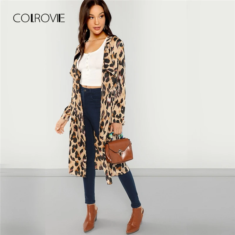 

COLROVIE Apricot Shawl Collar Leopard Print Long Trench Coat Office Lady Women Cardigan Outwear Women 2018 Autumn Elegant Coat