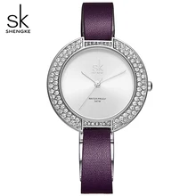 SK Women Watches New and Unique Dial Rhinestone Case Simple Dial Purple Leather Bracelet Female Quartz Movement Wristwatches