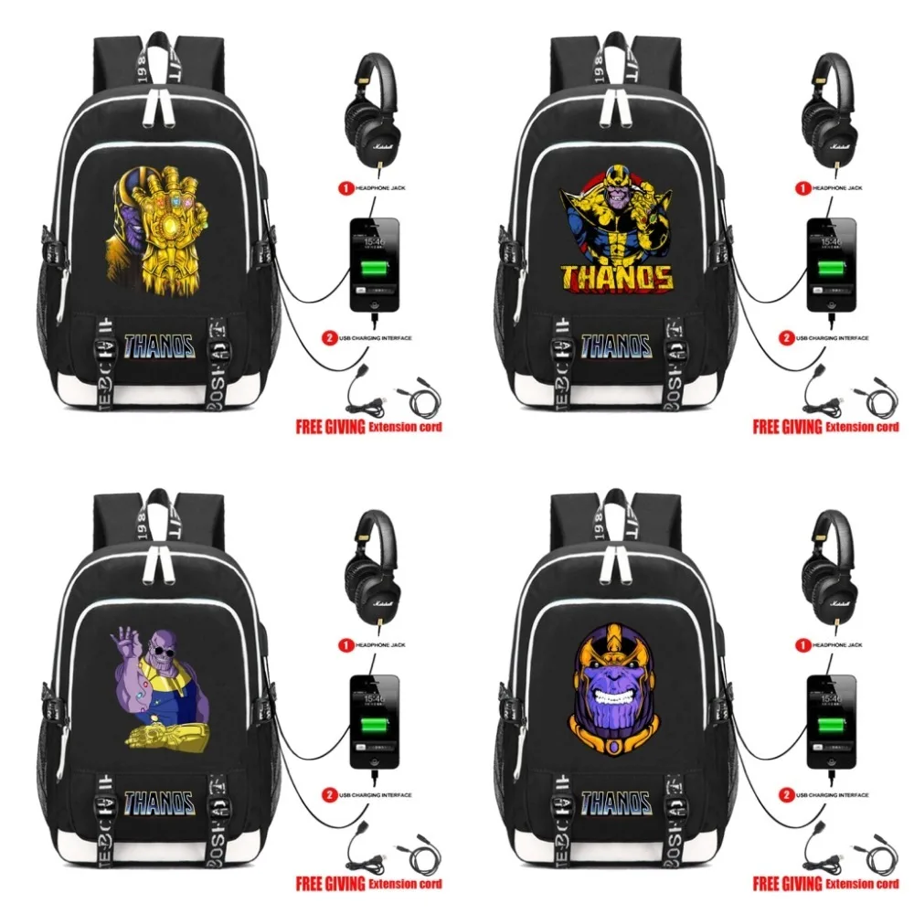 

USB Charge Headphone Jack Marvel Avengers Thanos backpack men women shoulder travel bag Teenage Laptop bag Backpacks 32 style