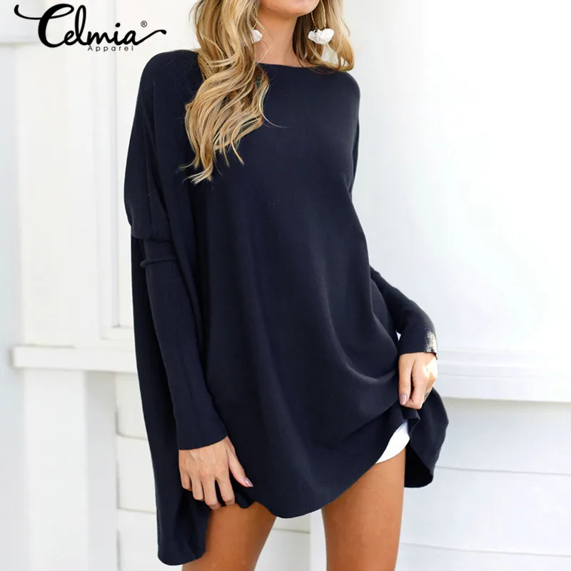 

Celmia 2019 Autumn Women Shirt Knitted Pullover Tops Casual Long Sleeve Top Solid Tee Shirt Plus Size Jumper Blusa Lady Vestido