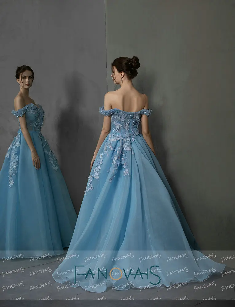 Blue Off Shoulder Evening Dresses Long With 3D Flowers Prom Dresses 2019 vestidos de fiesta largos elegantes de gala