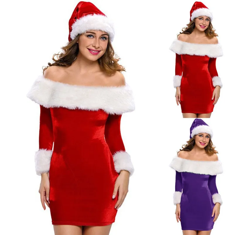 Fashion dress Autumn 2018 beach dress Women Christmas Off Shoulder Long Sleeve Mini Dresses Santa Claus Bodycon robe O11#N (8)