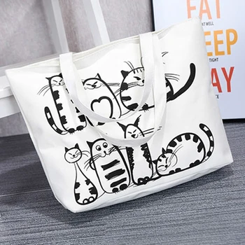 

Fashion Lovely Animal Canvas Handbag Cat Zipper Student Pouch Women Shoulder Bag Travel Shopping Bags Large Capacity Handbags