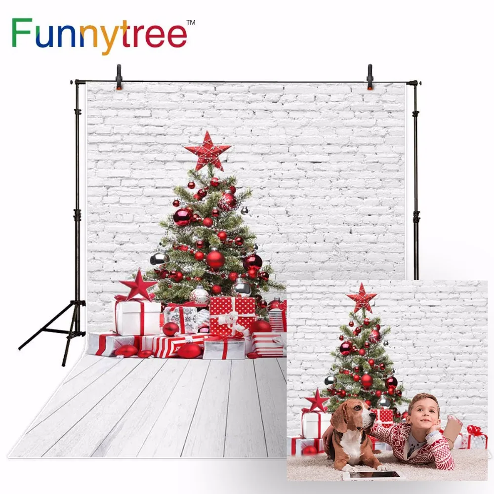 

Funnytree backdrop for photo studio brick wall Christmas balls tree gift wood floor children photography background photocall