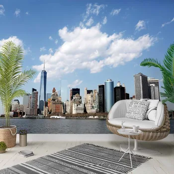 

Else Blue Sky White Clouds City Sea Side 3d Photo Cleanable Fabric Mural Home Decor living Room Bedroom Background Wallpaper