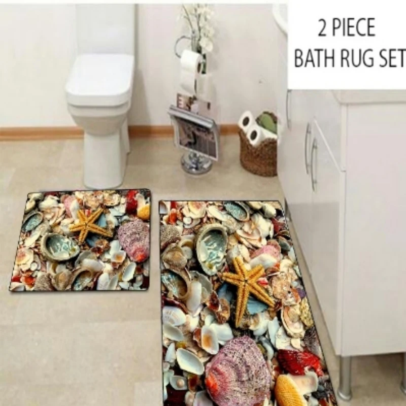 

Else Yellow Green Red Tropical Sea Shells Star 2 Pcs 3d Pattern Print Bath Mats Anti Slip Soft Washable Bathroom Mat Toilet Rugs