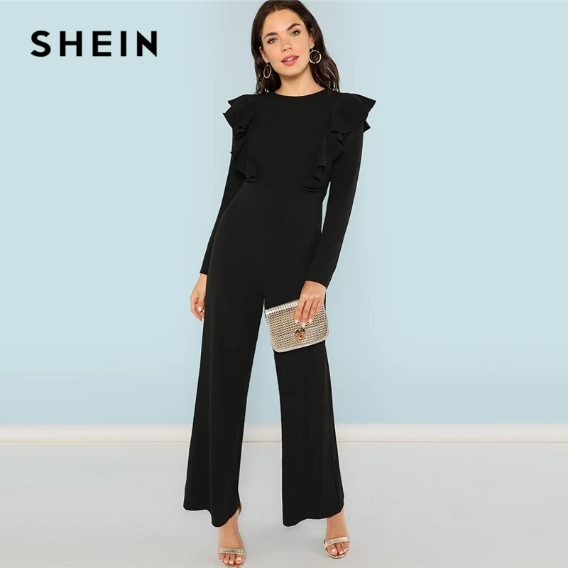 Buy SHEIN Black Round Neck Plain Jumpsuit Elegant Mid