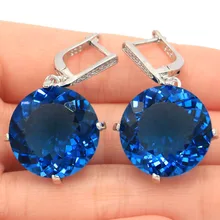 Большой круглый тяжелый 14,3 г 20 мм создан Лондонский голубой топаз CZ женский подарок серебряные серьги 38x20 мм