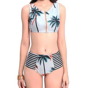 

2019 Sexy Floral Shoulder Bikini Coconut Tree Random Print Women Swimwear High Waist Brazilian Bikini Zipper Swimsuit Ladies