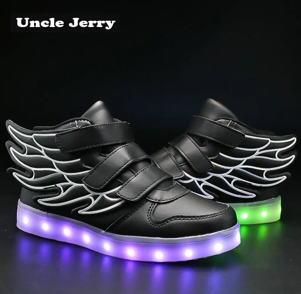 UncleJerry احذية الاطفال المظيئة مع الجناح الأطفال Led أحذية الفتيان الفتيات متوهجة مضيئة رياضة USB شحن الصبي أحذية أنيقة