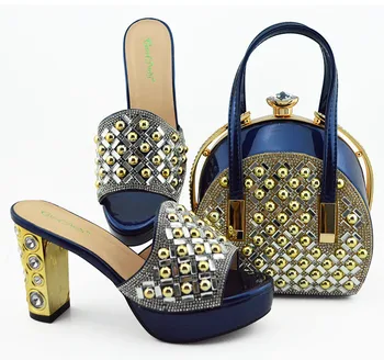 

Dark blue slippers shoes with matching clutches bag 2019 italian shoes and bag with size 38 to 43 new shoes bag set SB8394-7