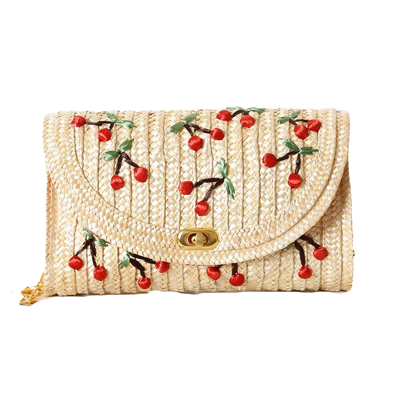 Women Clutch Bag Bohemian Cherry Female Summer Beach Straw Bags Lady Travel Shoulder Bag Handmade Knit Crossbody Bolsa SS3037 (20)