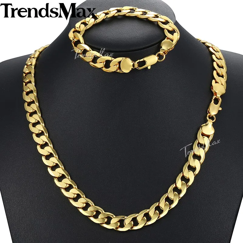 Trendsmax Jewelry Set Bracelet Necklace Men's Yellow Gold Filled Curb Cuban Link Chain 12mm KGS274