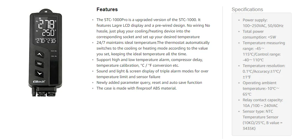Elitech цифровой Предварительно проводной контроллер температуры/термостат охлаждения и нагрева контроллер, легкий контроль, UK Plug